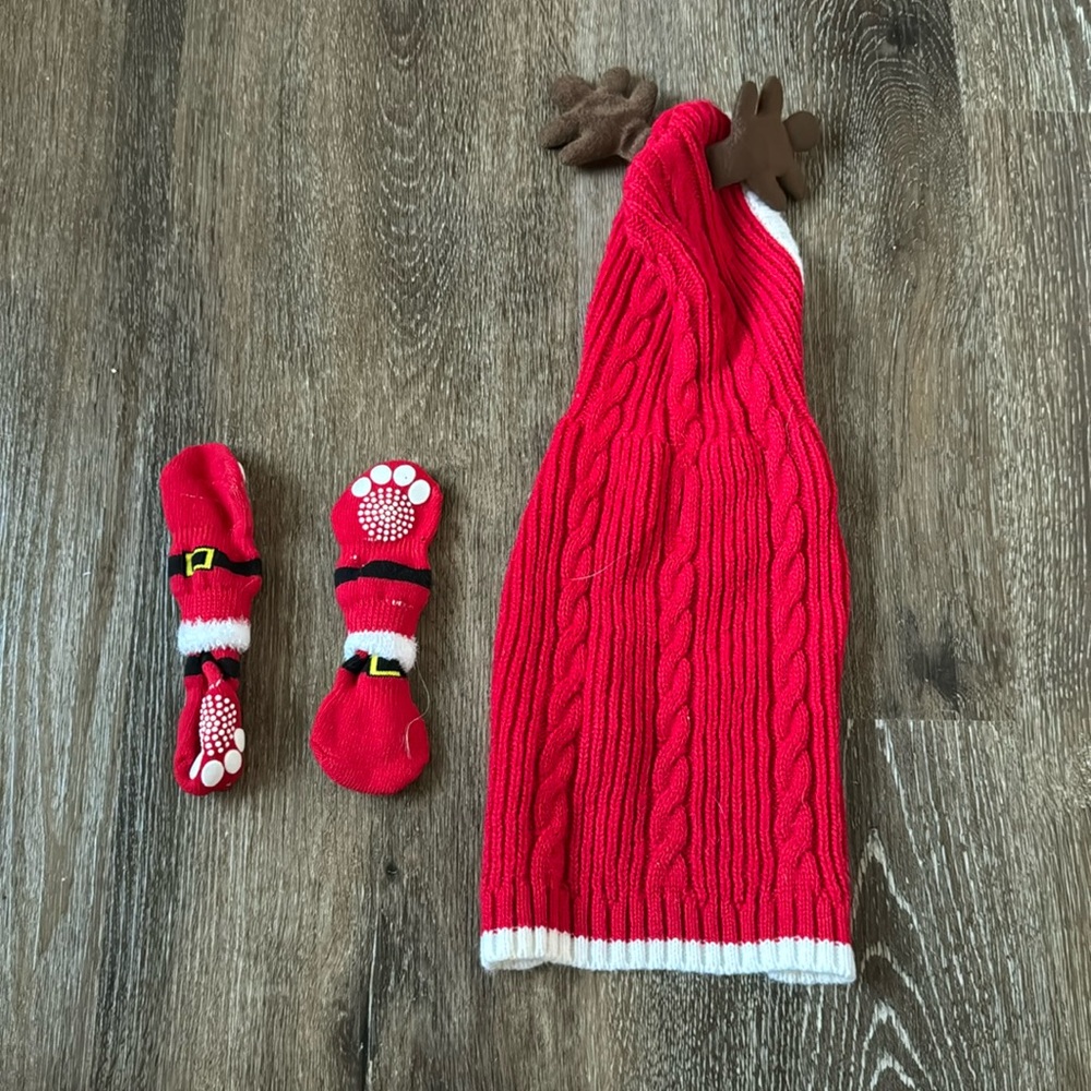 Christmas XS dog Bundle! 4 Socks and a Reindeer Sweater with a Hoodie.
